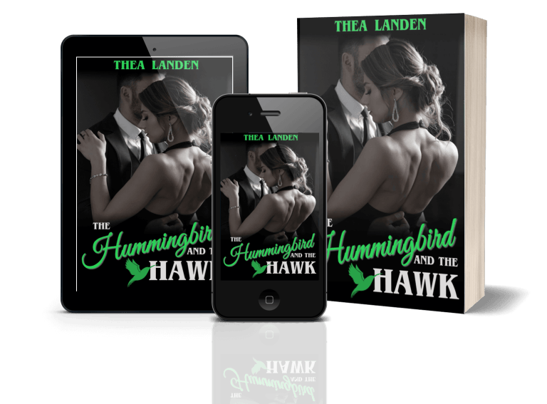 Mockup of The Humming Bird And The Hawk rendered on tablet, phone, and paperback book.